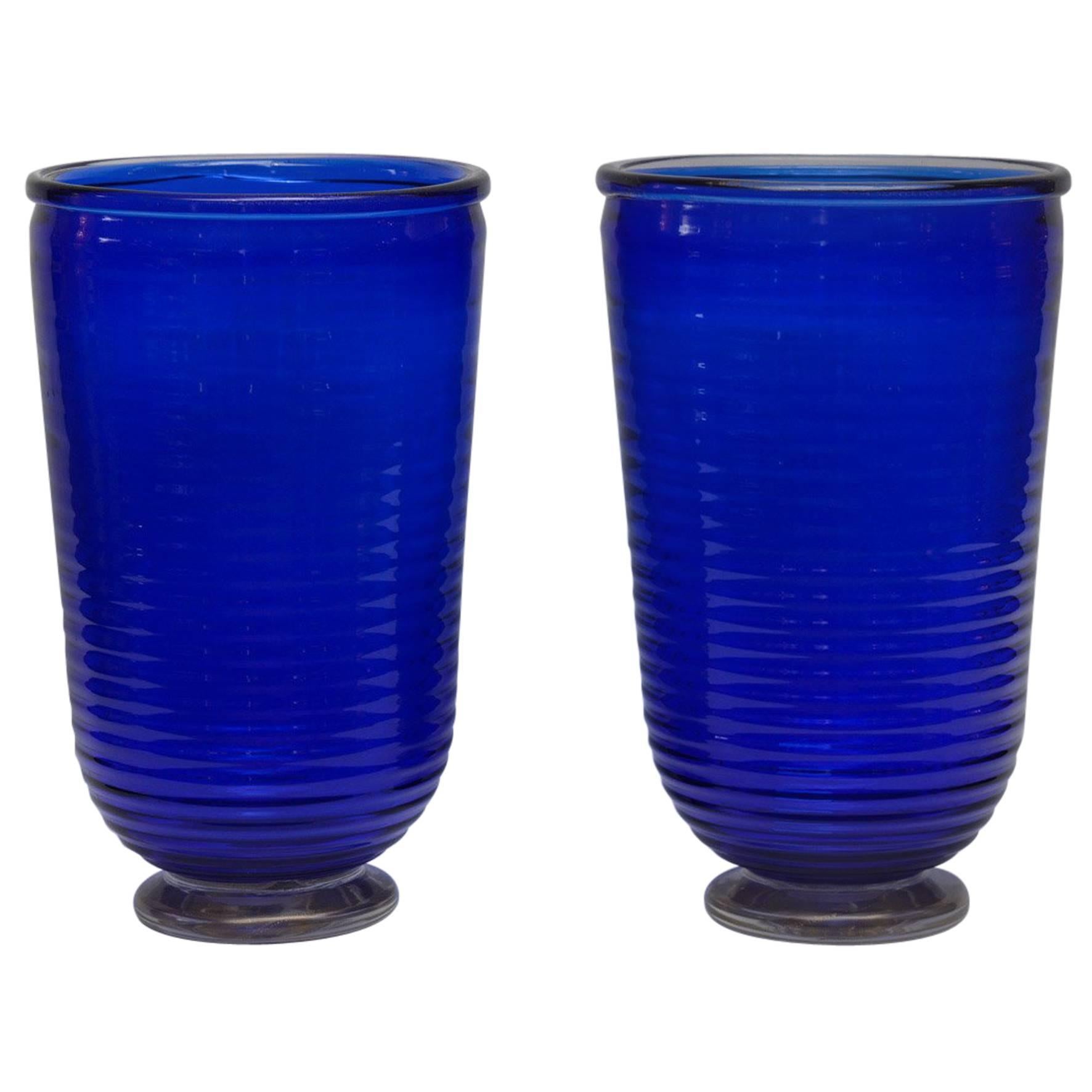 Pair of Vases in Blue Murano Glass Signed by Toso