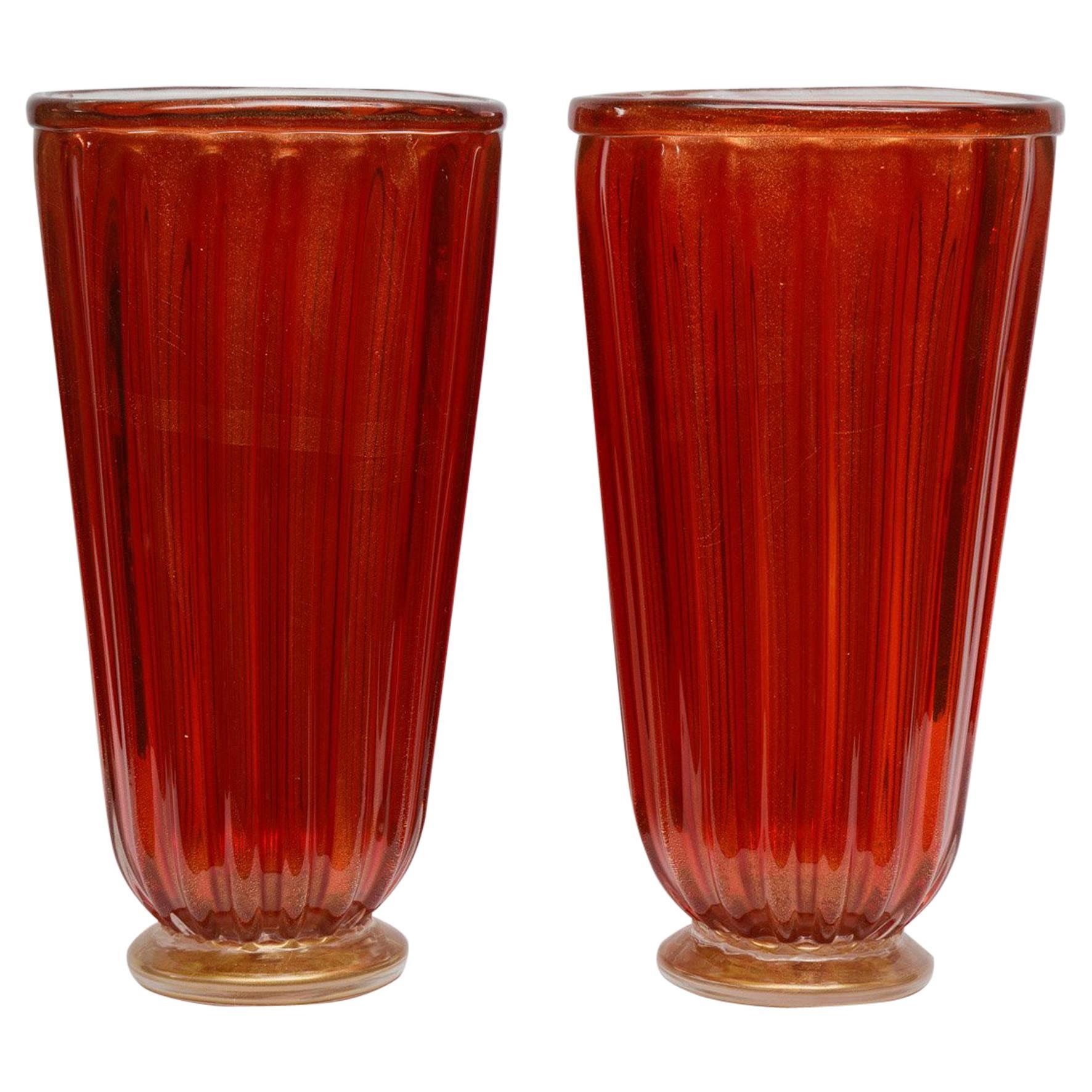 Pair of Vases in Red and Gold Murano Glass Signed by Toso