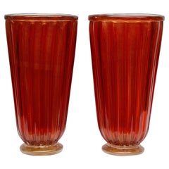 Pair of Vases in Red and Gold Murano Glass Signed by Toso