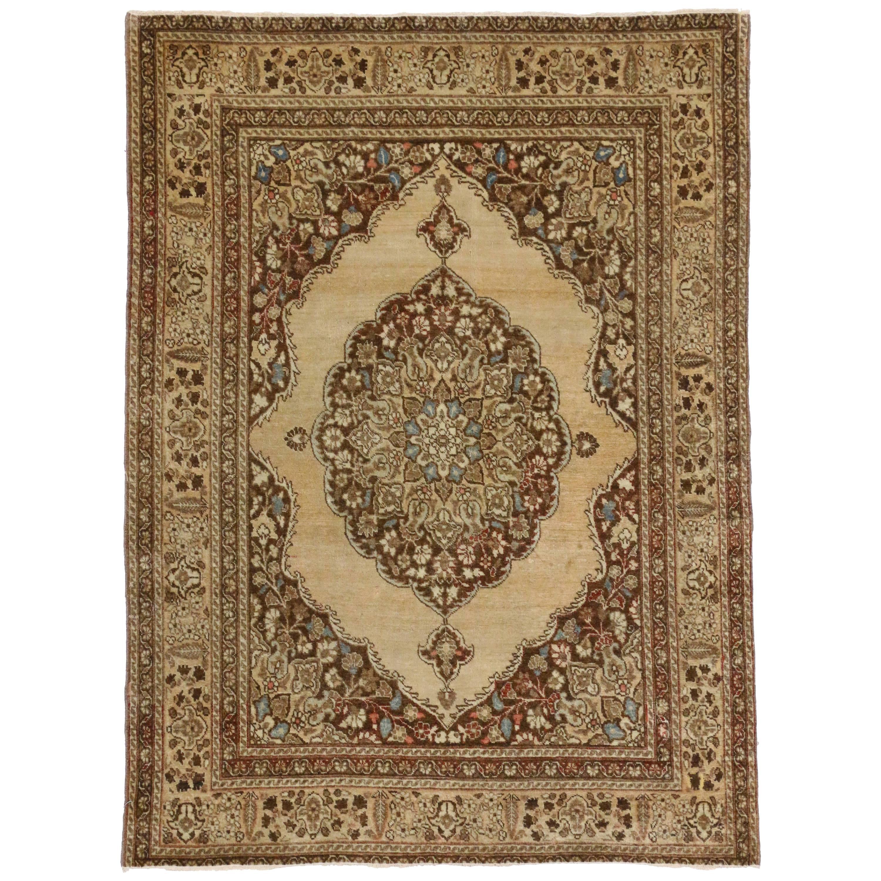 Distressed Antique Persian Tabriz Accent Rug with Rustic Artisan Style For Sale