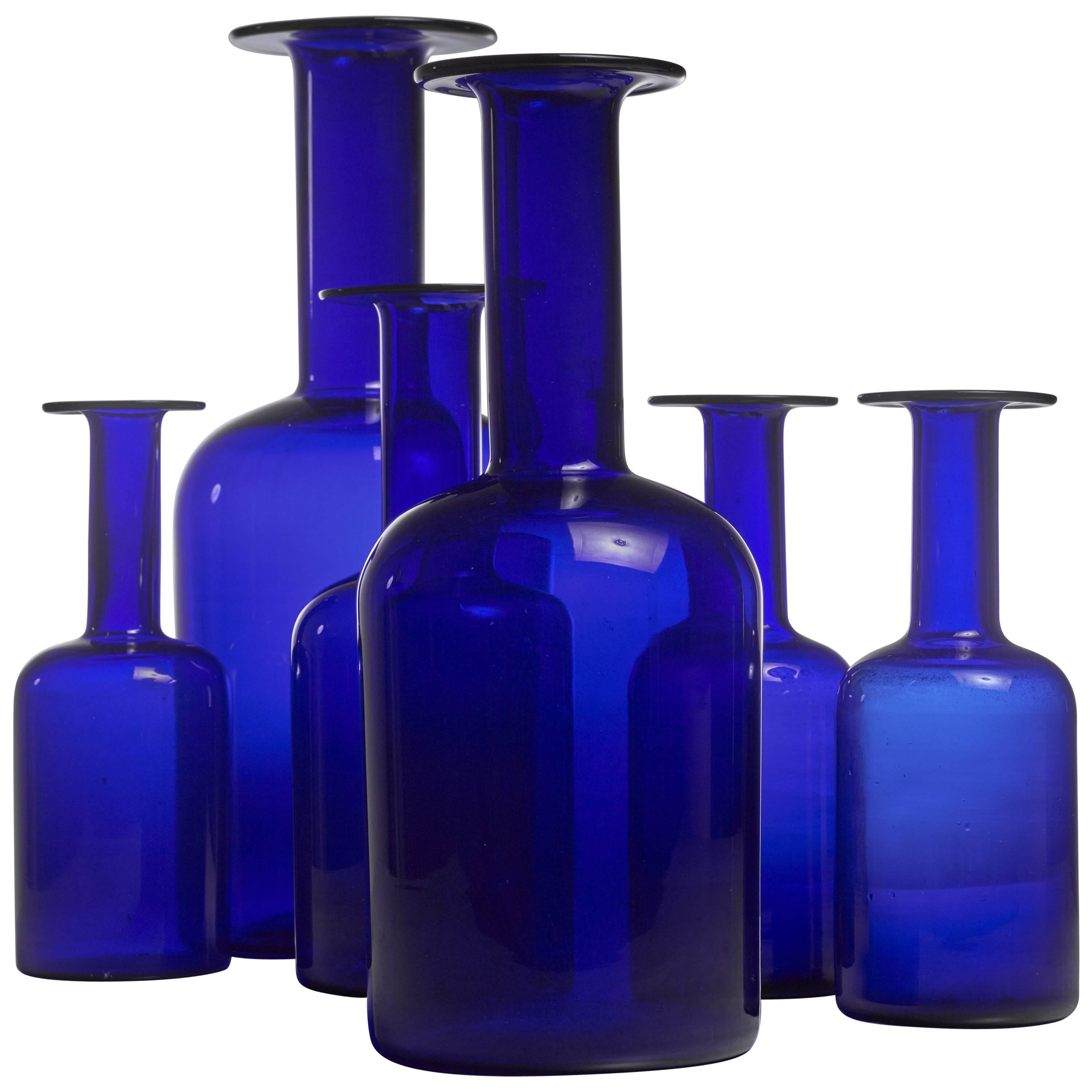 Otto Brauer Set of Six Blue Glass Vases for Holmegaard, Denmark, 1960s For Sale