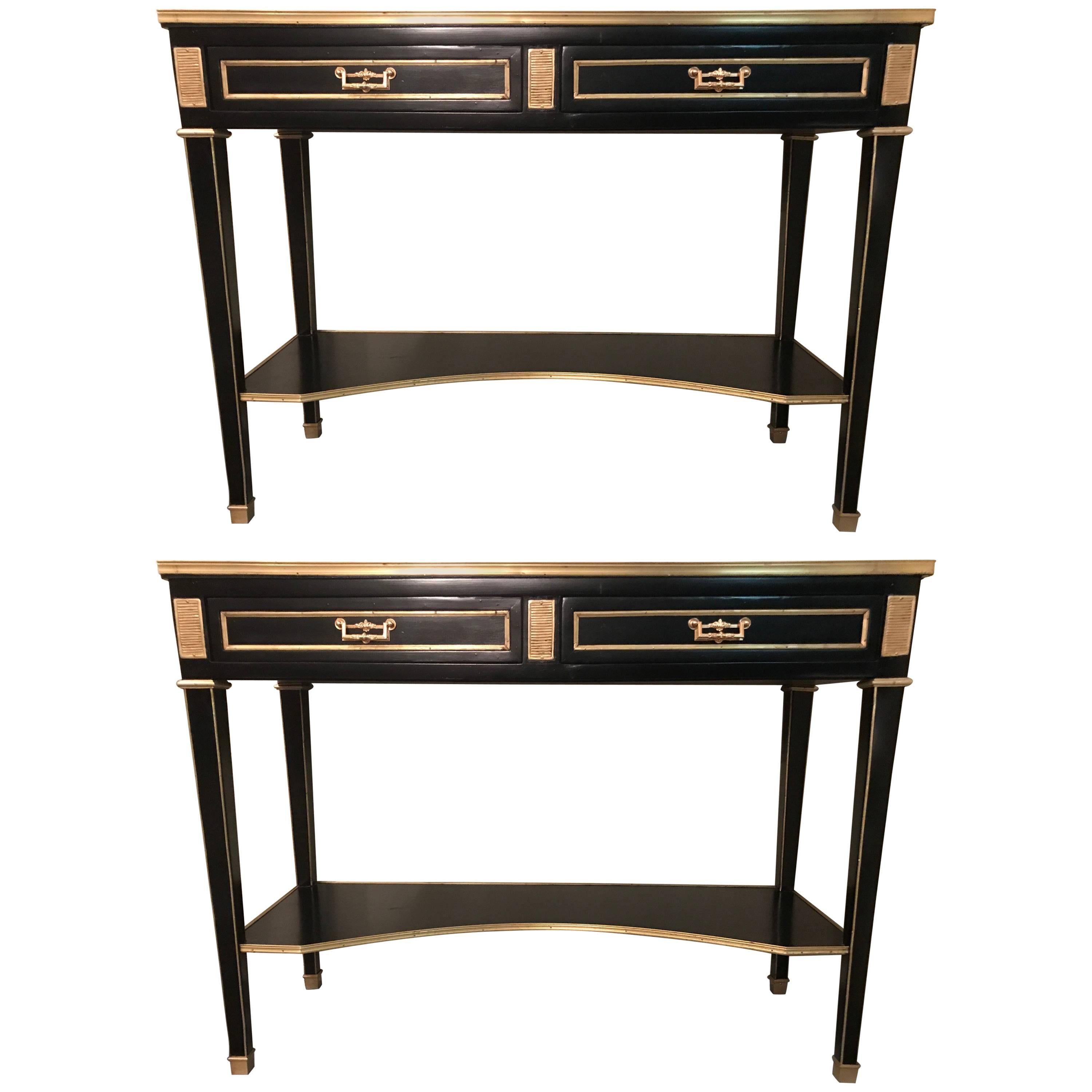Pair of Jansen Style Two-Drawer Bronze-Mounted Marble-Top Console Tables