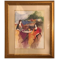 Itzchak Tarkay Lithograph of an Outdoor Cafe Matted and Framed