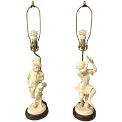 Antique Pair of White Porcelain Opposing Monkey Lamps