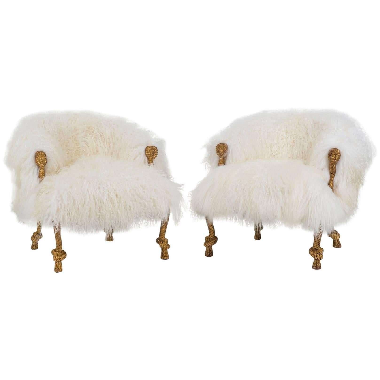 Pair of Chic Fournier Style White Sheepskin Fur Bergerés