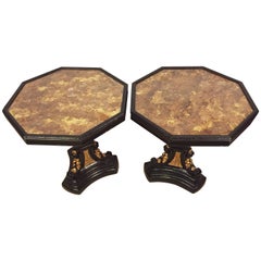 Pair of Gilt Glass Top Ebonized and Gilt Decorated End or Side Tables