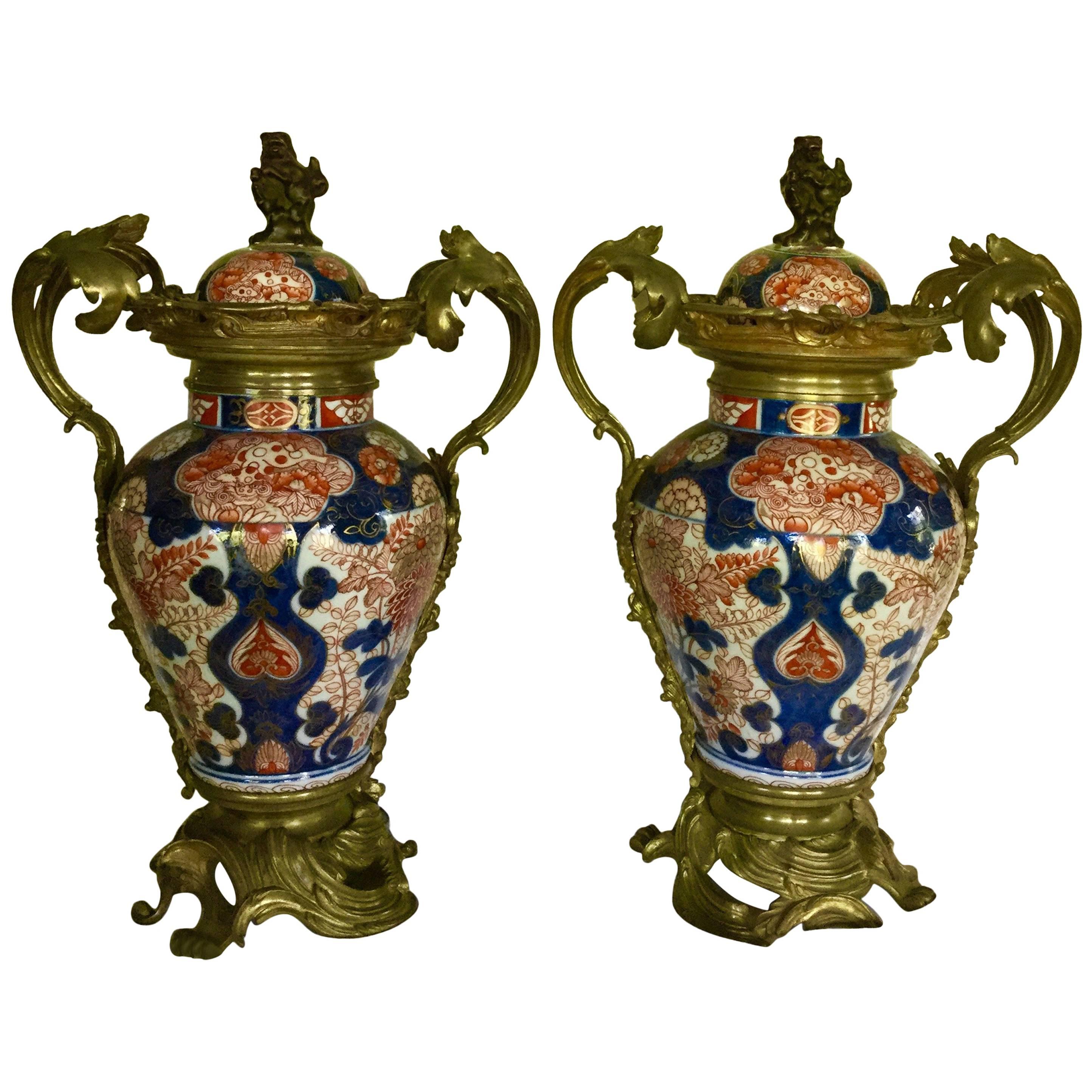 Extremely decorative antique Imari baluster jars with lids and bronze doré mounts.
Porcelain Japanese
Mounts French
19th century