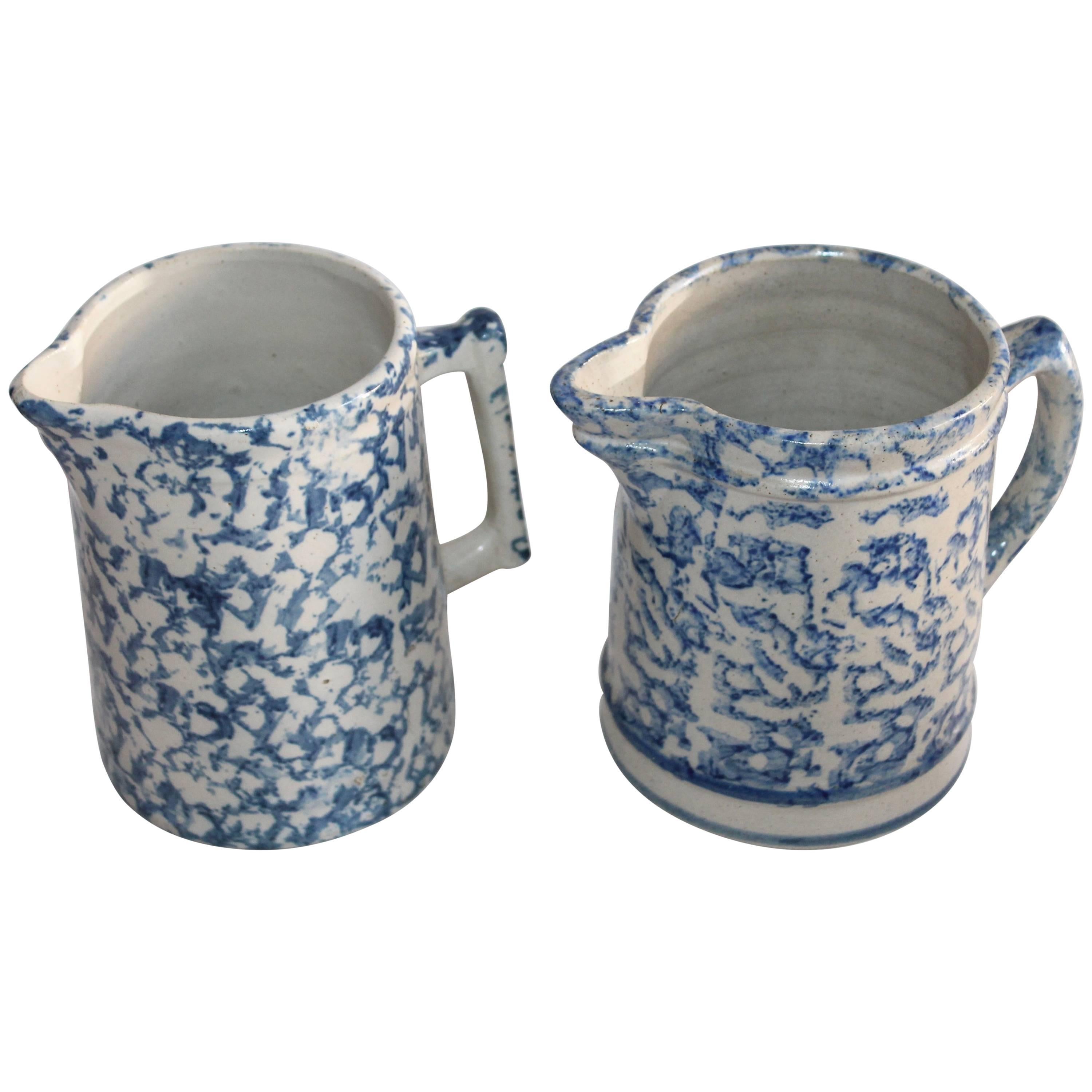 Pair of 19th Century Sponge Ware Pottery Pitchers For Sale