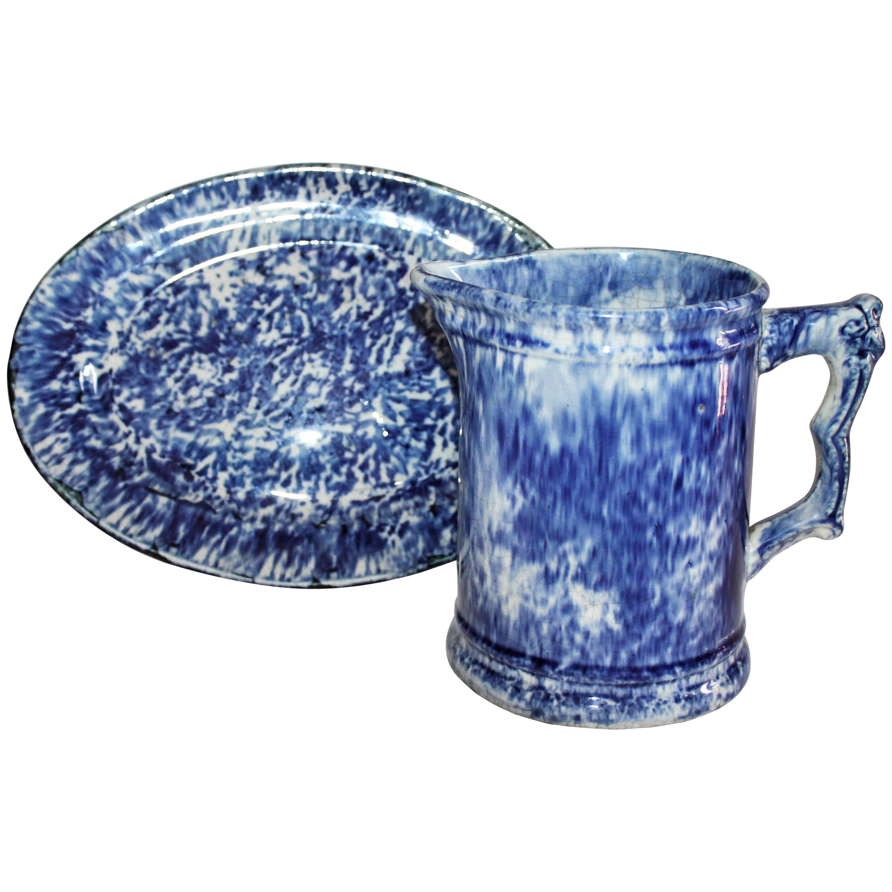 Plateau et pichet à eau en poterie Sponge Ware du 19ème siècle