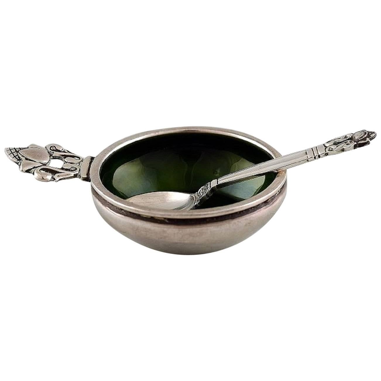 Georg Jensen, Acorn, Salt Cellar in Sterling Silver with Green Enamel