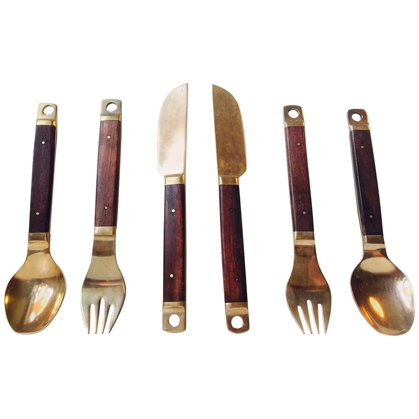 Danish Mid-Century Brass and Teak Cutlery, Flatware Set, 36 Pieces by Carl Cohr