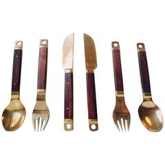 Vintage Danish Mid-Century Brass and Teak Cutlery, Flatware Set, 36 Pieces by Carl Cohr