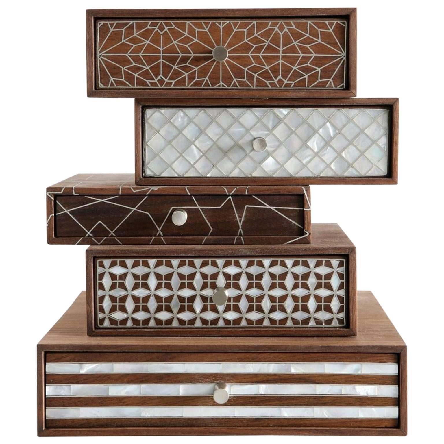 Patchwork Boxes by Nada Debs, Stackable Boxes with Mother-of-Pearl Inlay