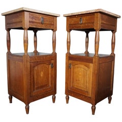 Antique, Tall and Inlaid Solid Oak Bedside Cabinets with Marble Tops, A Bargain