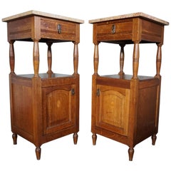Antique, Tall and Inlaid Solid Oak Bedside Cabinets with Marble Tops, A Bargain 5