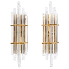 Large Venini Style Murano Glass and Brass Wall Lamps Sconces, 1970