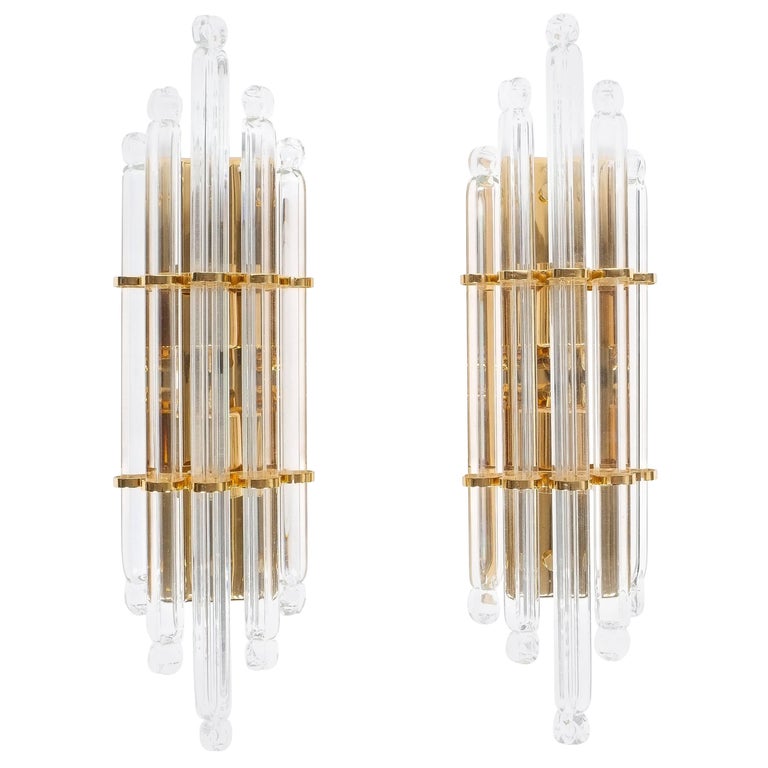 Large Venini Style Murano Glass and Brass Wall Lamps Sconces, 1970 For Sale at 1stdibs