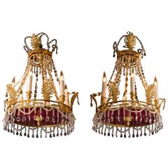 Pair of Small Empire Style Swedish Chandeliers with Six Lights and Colored Glass