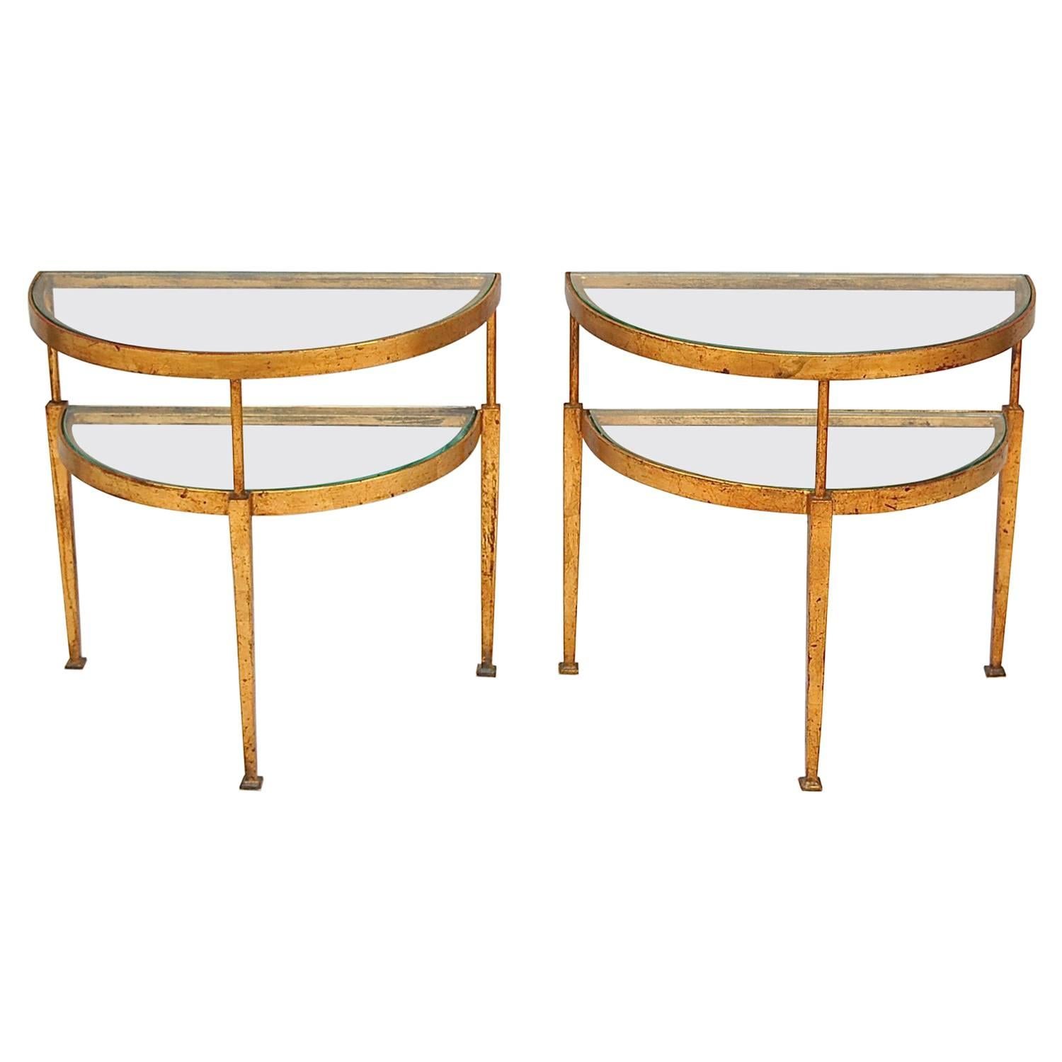 Pair of Demilune Gilt Metal and Glass Side Tables, Late 20th Century