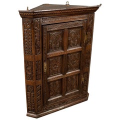 Oak Carved Corner Cabinet Wall Cupboard English Victorian Revival, circa 1880