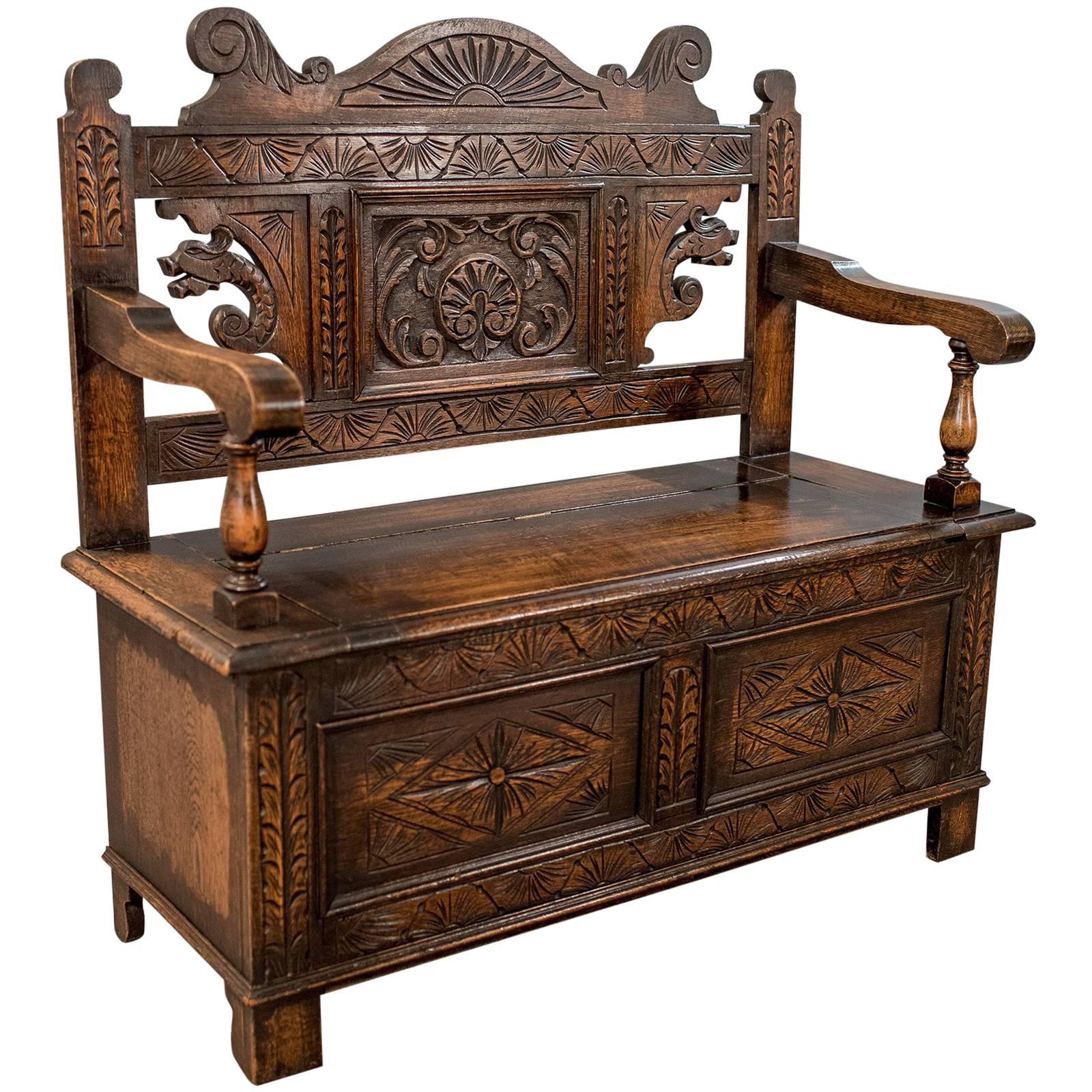 Carved Oak Settle Bench Pew Hall Seat with Locker, English, Mid-20th Century