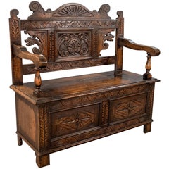 Vintage Carved Oak Settle Bench Pew Hall Seat with Locker, English, Mid-20th Century