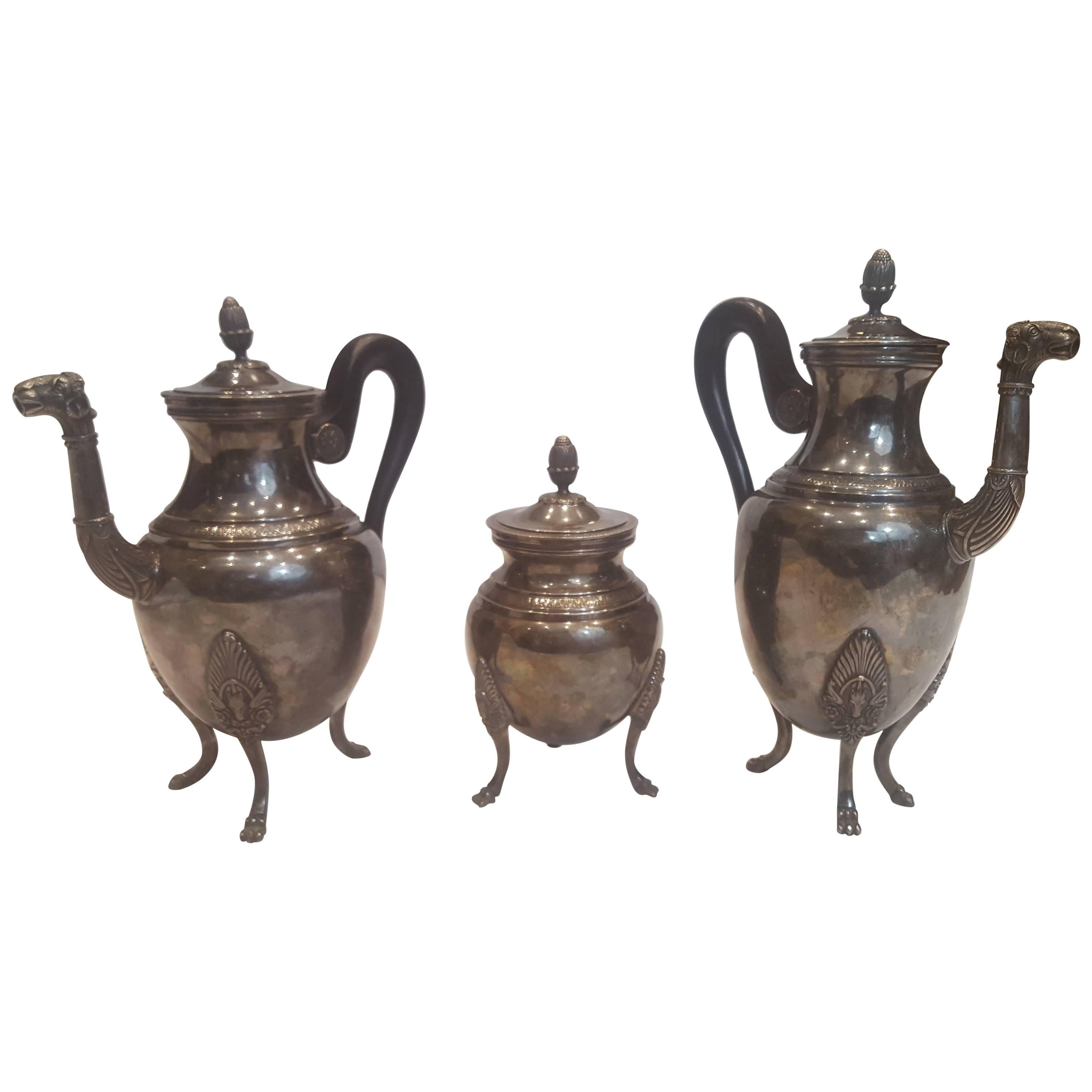 Christofle 
Malmaison Empire
 Silver Plated Three-Piece Coffee and Tea Set For Sale