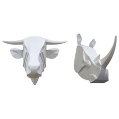 Animal Trophies, Bull and Rhinoceros Sculpture in White Metal