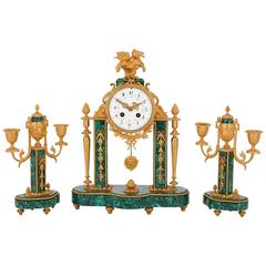 Antique Malachite and Gilt Bronze French Clock Set in the Louis XVI Style