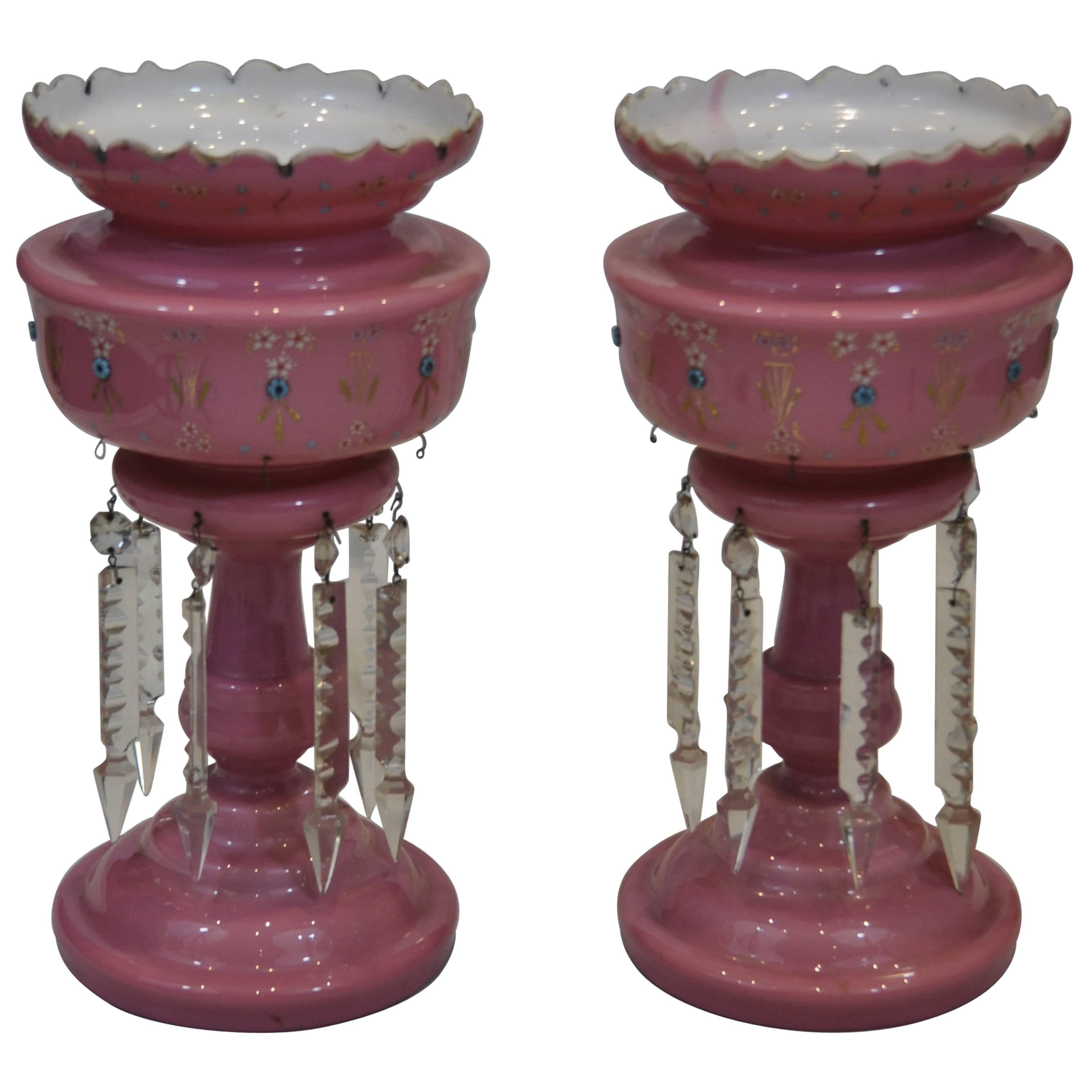 Pair of 19th Century Bohemian Pink Opaline Glass Mantle Lustres For Sale