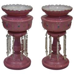 Antique Pair of 19th Century Bohemian Pink Opaline Glass Mantle Lustres