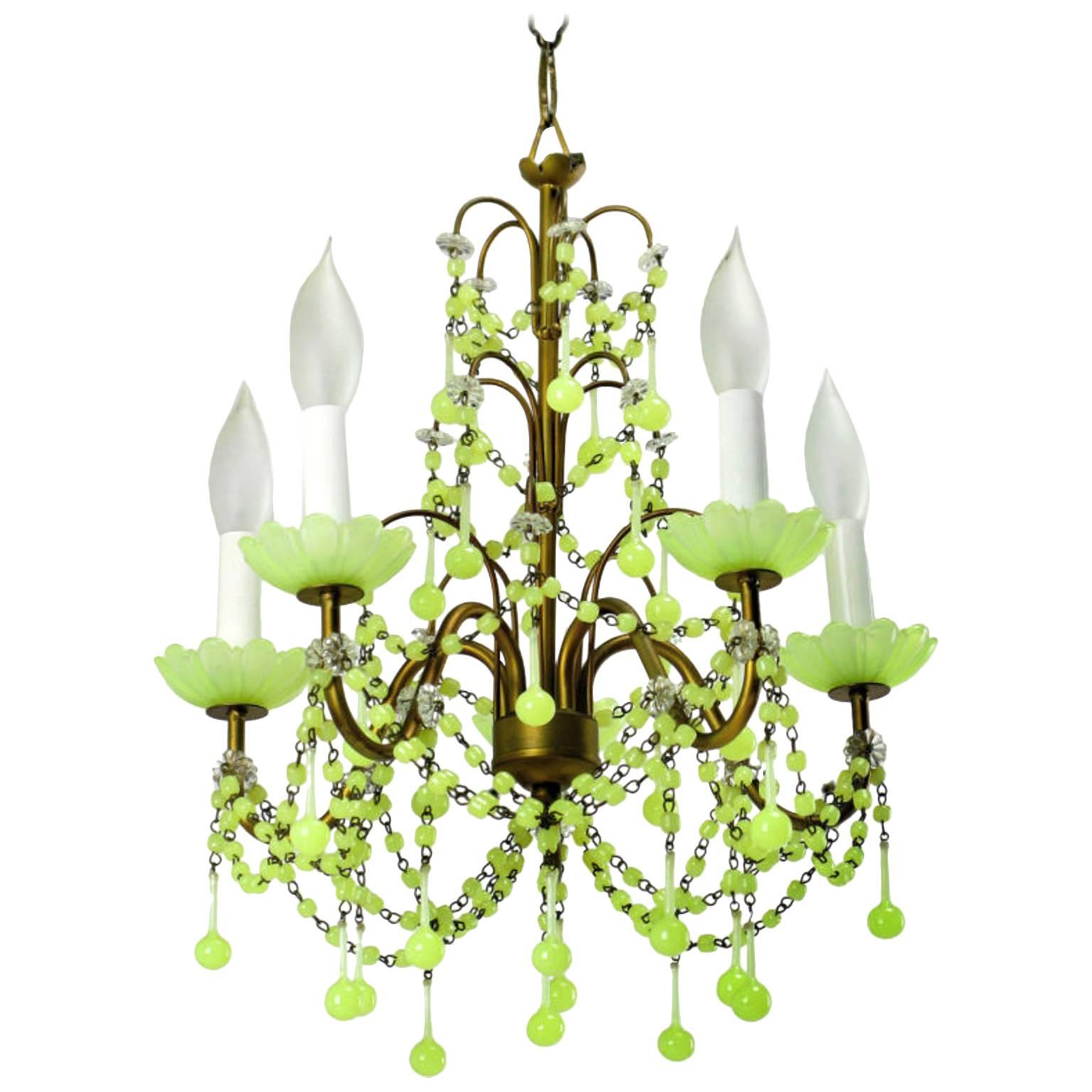 Italian Chartreuse Opalescent Glass and Brass Five-Arm Chandelier