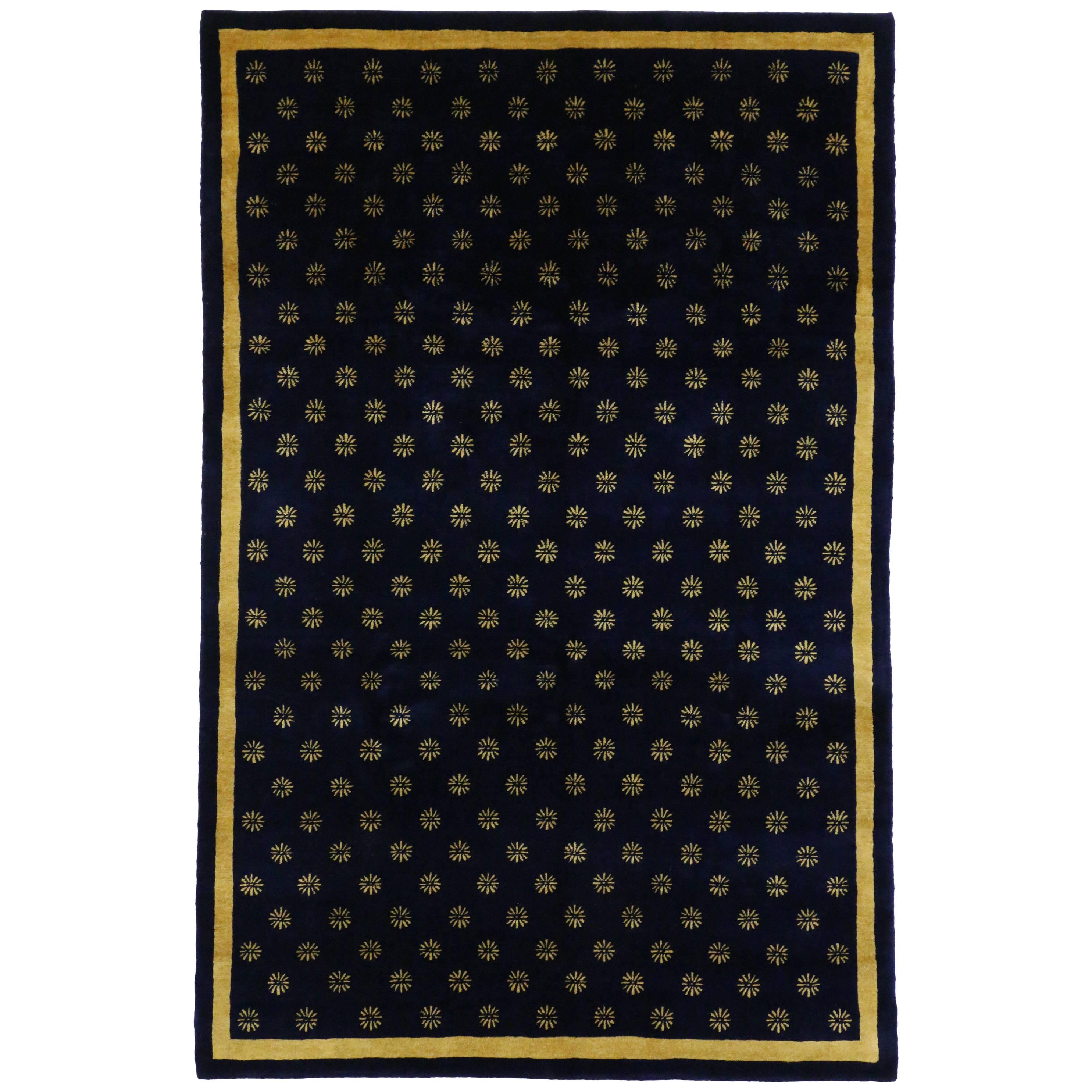 Navy Blue and Gold Area Rug with Hollywood Regency Style