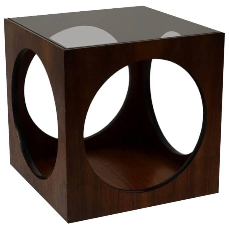 Mid-Century Walnut Geometric Cube Side Table