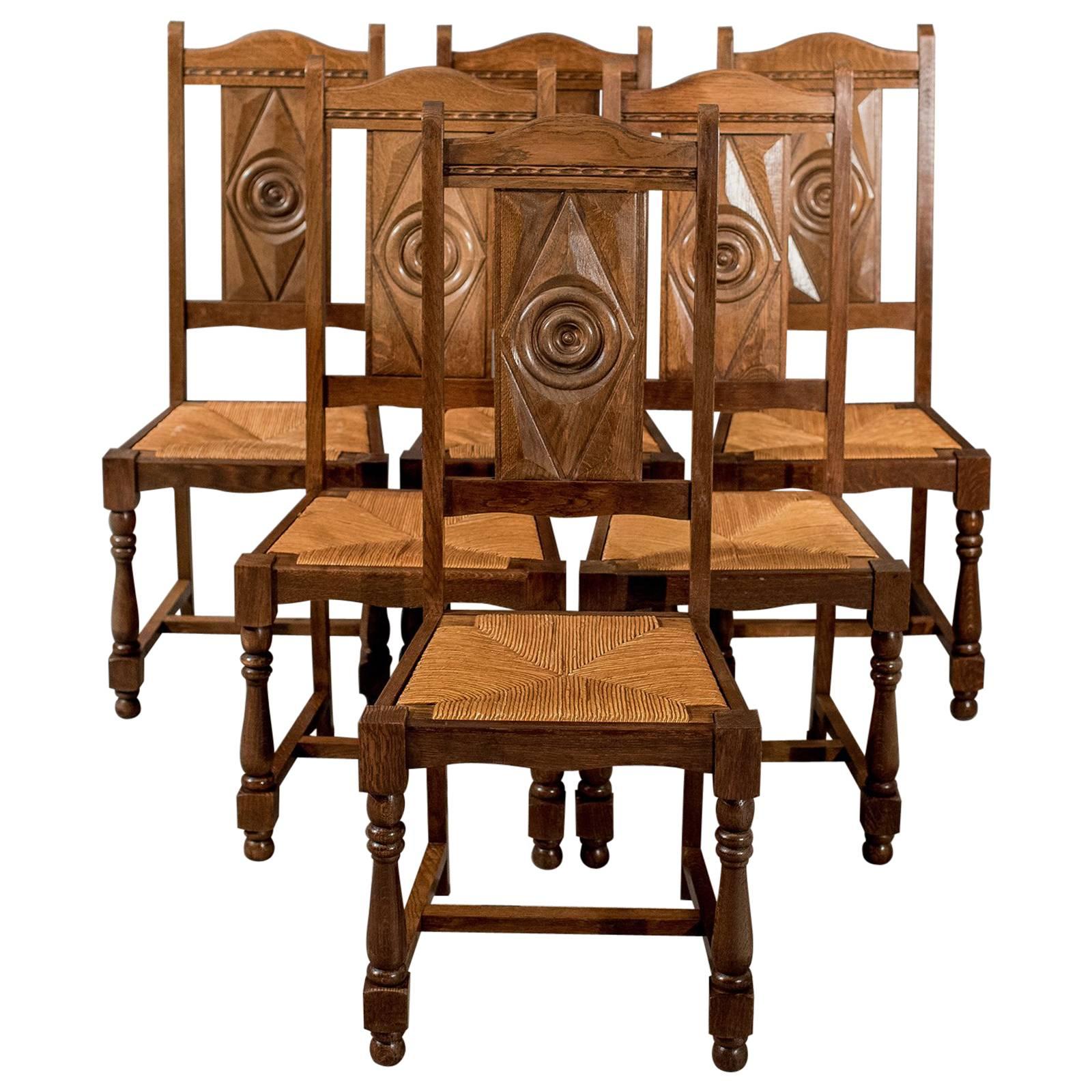Oak Set of Six Country Dining Kitchen Chairs Rush Seated Edwardian, circa 1910