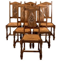 Oak Set of Six Country Dining Kitchen Chairs Rush Seated Edwardian, circa 1910