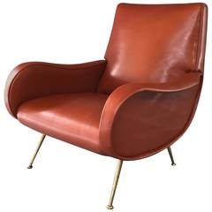 Italian Mid-Century Sculptural High Backed Lounge Chair on Tapering Brass Legs
