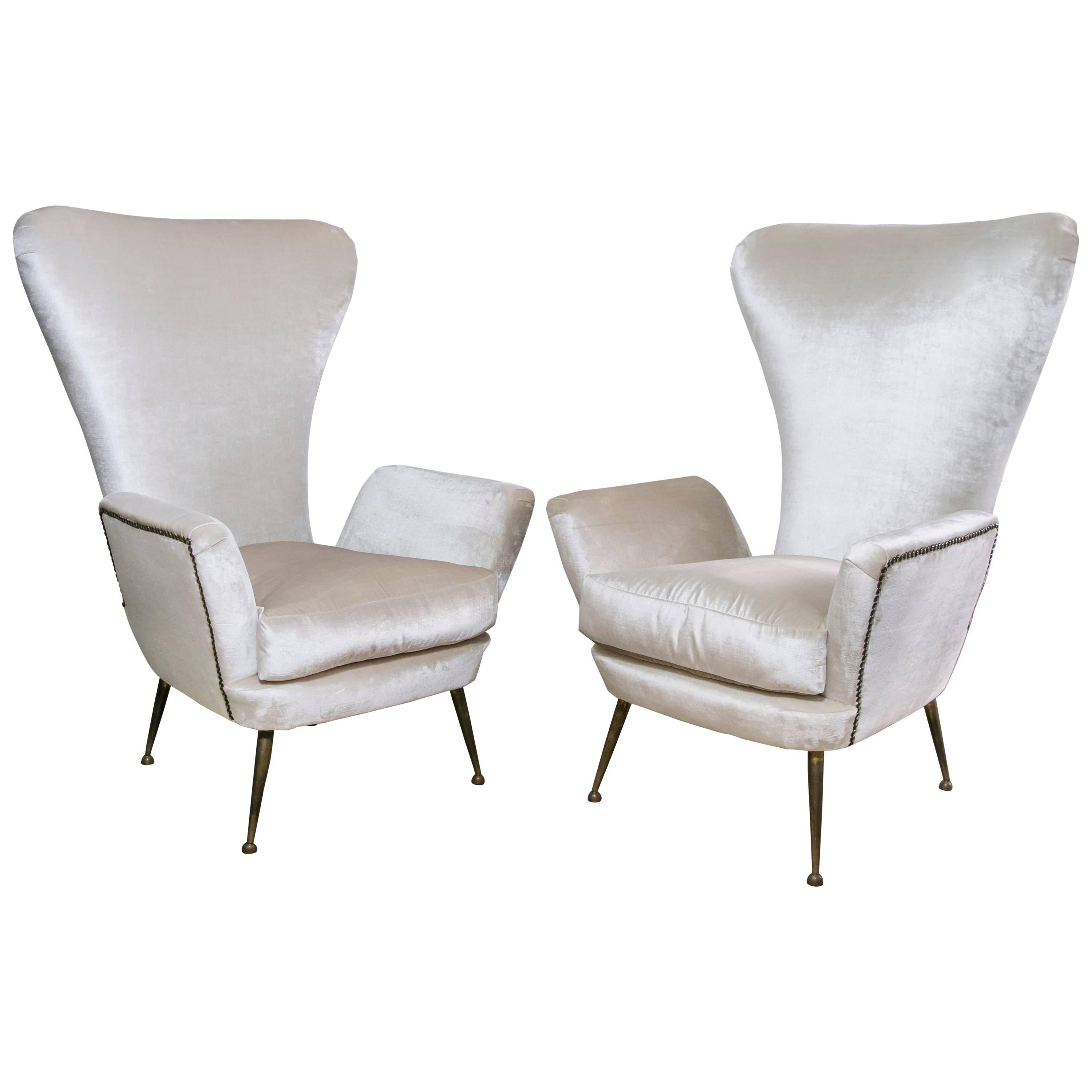 Pair of Paolo Buffa High Back Italian Chairs in Cream Velvet For Sale