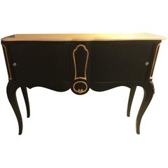 Hollywood Regency Style Black Paint Decorated French Console with Marble Top
