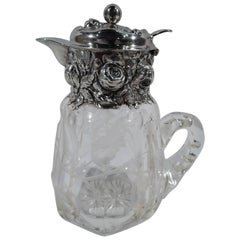 Antique American Repousse Sterling Silver and Etched Glass Syrup Jug