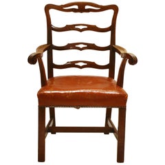 Antique English Host Chair / Ladderback Armchair with British Tan Saddle Leather Seat
