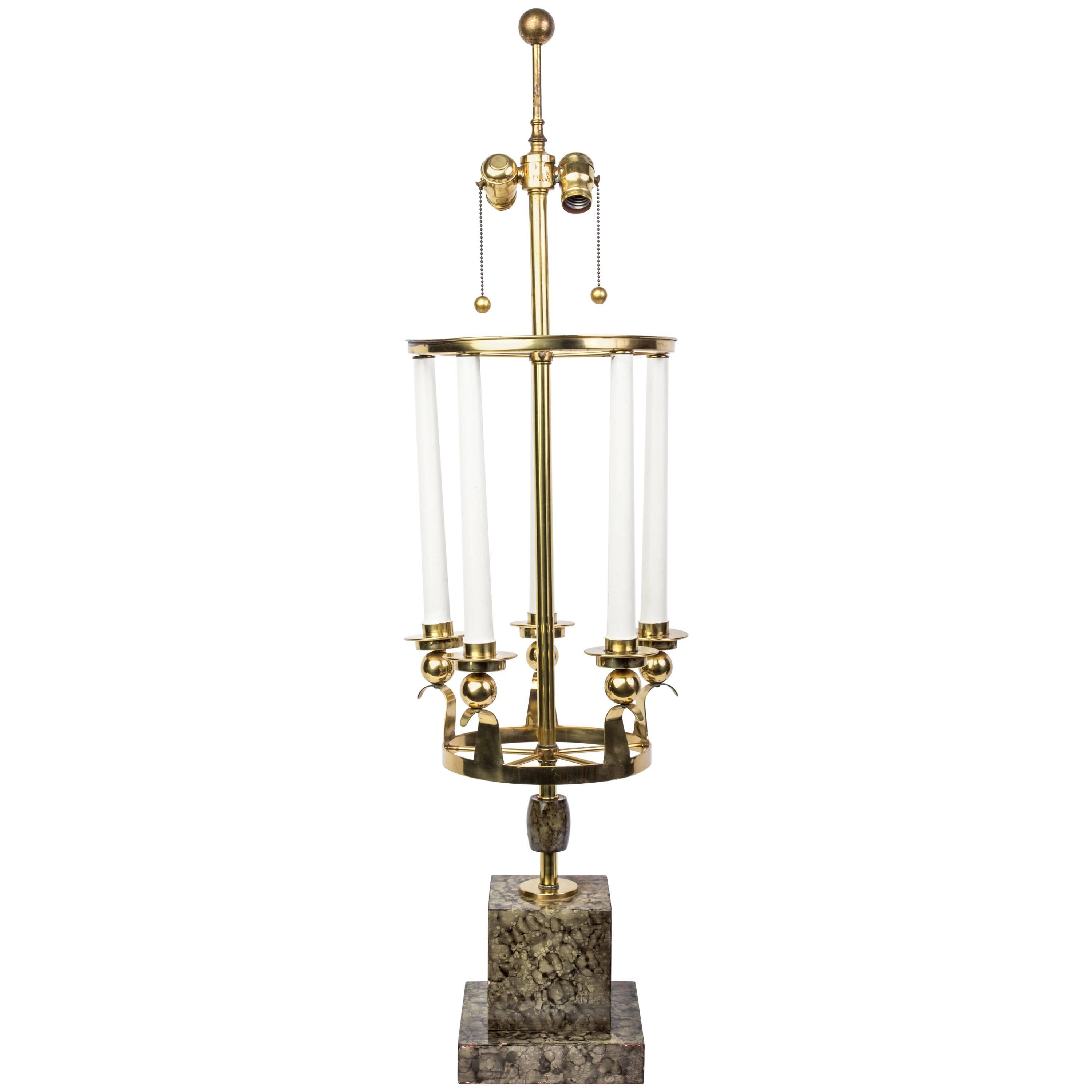 Brass Hardware and Faux Marble Base Table Lamp in the Style of Parzinger For Sale