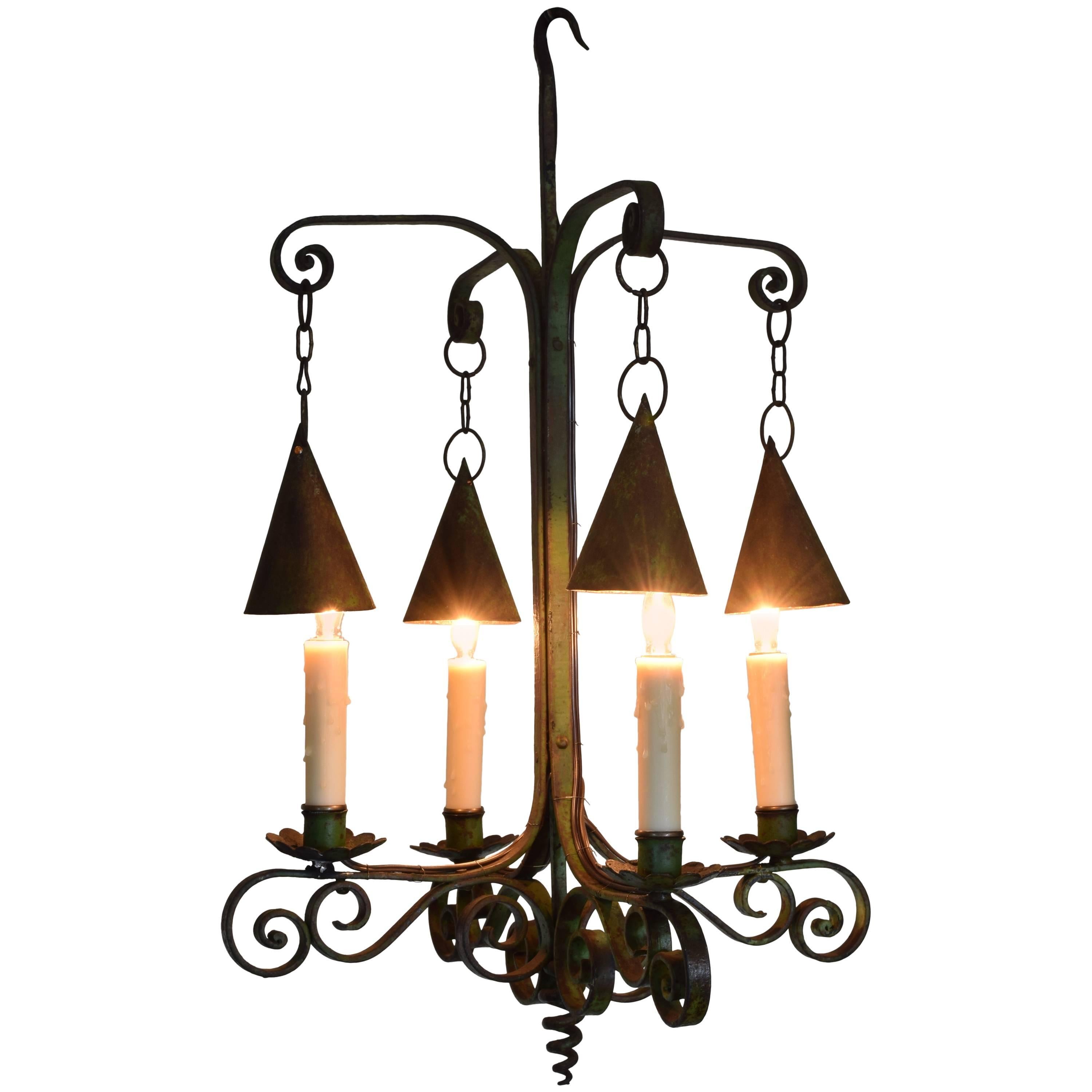 Italian Wrought and Green Painted Iron Four-Light Chandelier, Early 20th Century