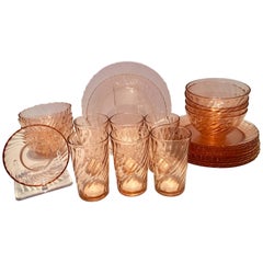 Retro French Pink Depression Glass Dinnerware, Set of 28