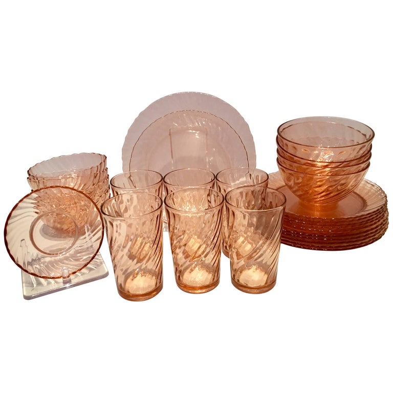 Vintage French Pink Depression Glass Dinnerware, Set of 28 at 1stDibs