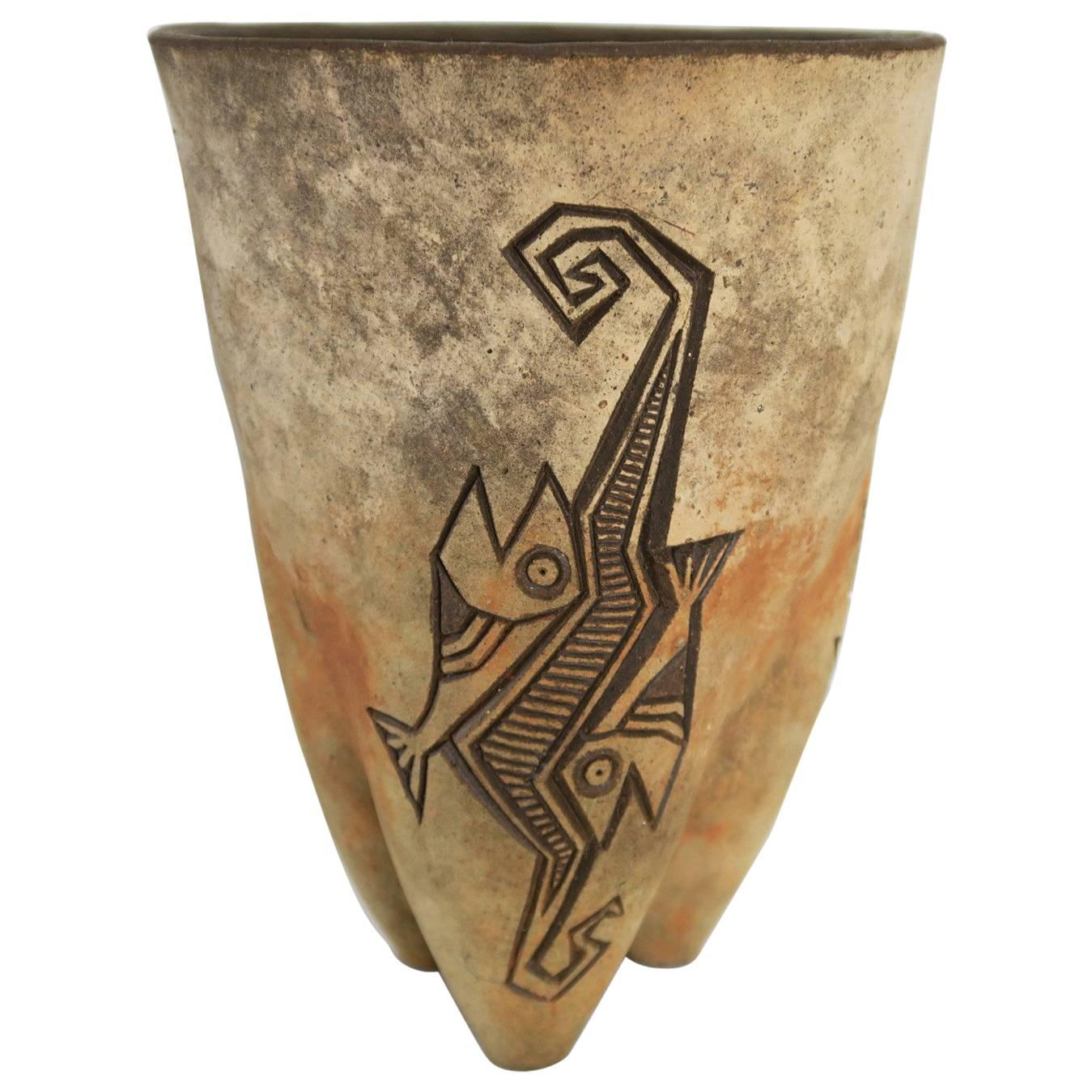 Ceramic Planter with Fish Design and Three Legs by Paolo Soleri For Sale