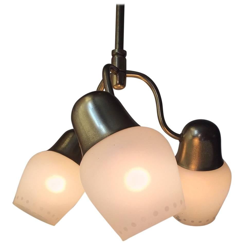 Mid-Century Opaline Glass and Brass Three-Shaded Ceiling Light from ASEA, 1950s