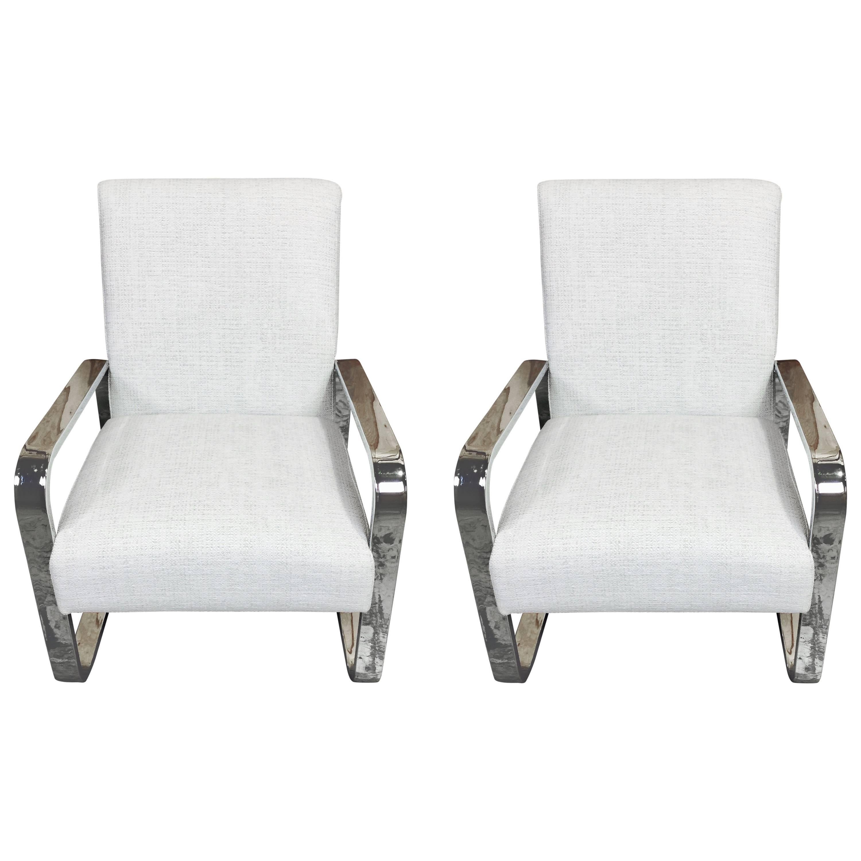 Pair of Mid-Century Upholstered Club Chairs with Polished Chrome Frame