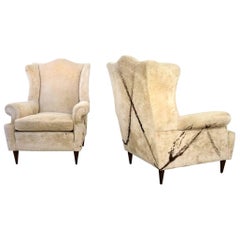 Pair of Unique Vintage Beige Velvet Wingback Armchairs with a Black Cross, Italy