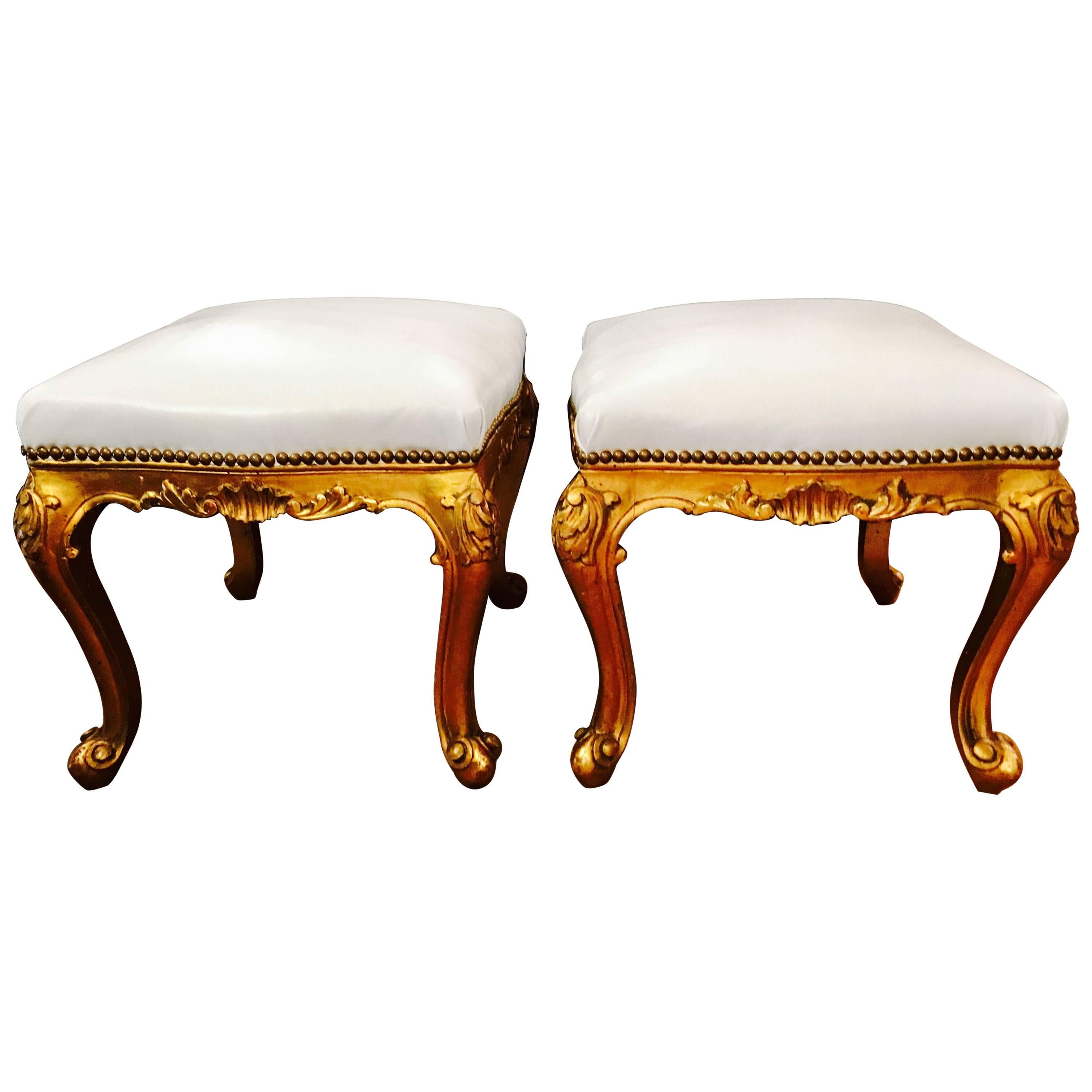 Glamorous Pair of French Giltwood and White Leather Stools